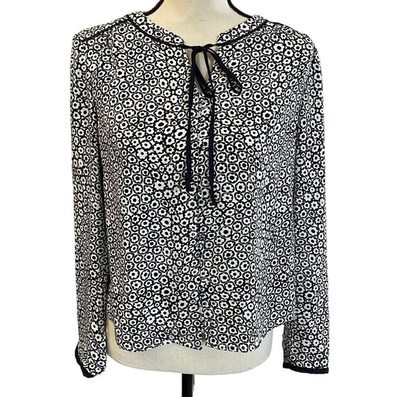 Talbots Tops - Talbots Petite Womens Sz Mp Black White Floral Tie Neck Button Front Blouse Top
